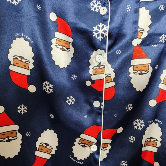 NWOT Ekouaer Navy Blue Santa Claus Print Satin Pajama Set Blouse & Shorts Sz S - Picture 7 of 15
